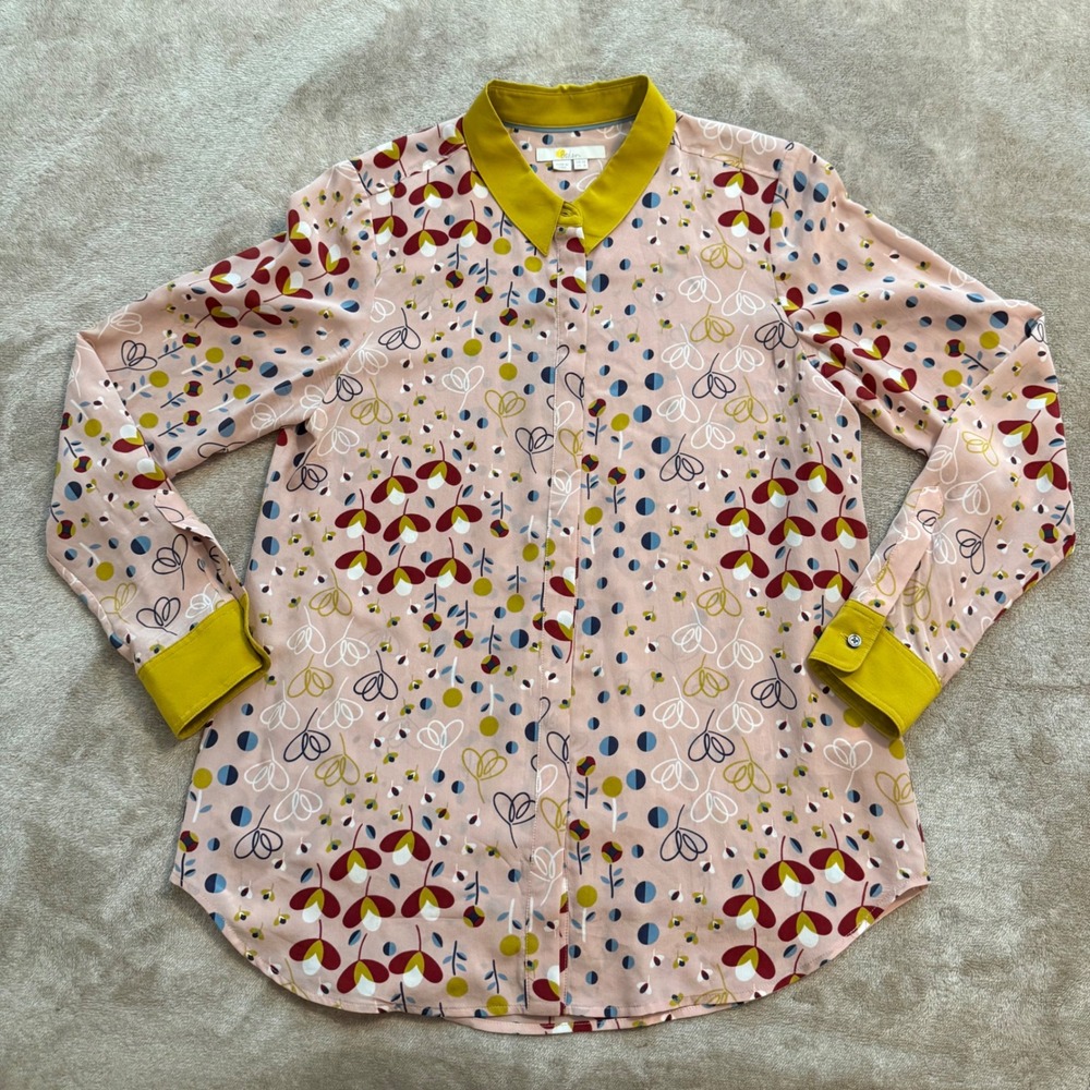 Boden Womens Pink Silk Floral Long Sleeve Button Down Blouse US 8 UK 12